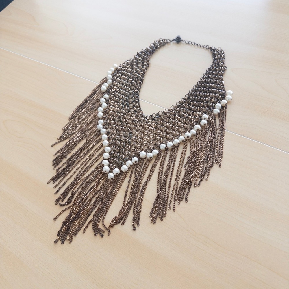 Boho Womens Bib Necklace OS Bronze Mesh Pearl Fringe Statement Chain Festival - Picture 5 of 7